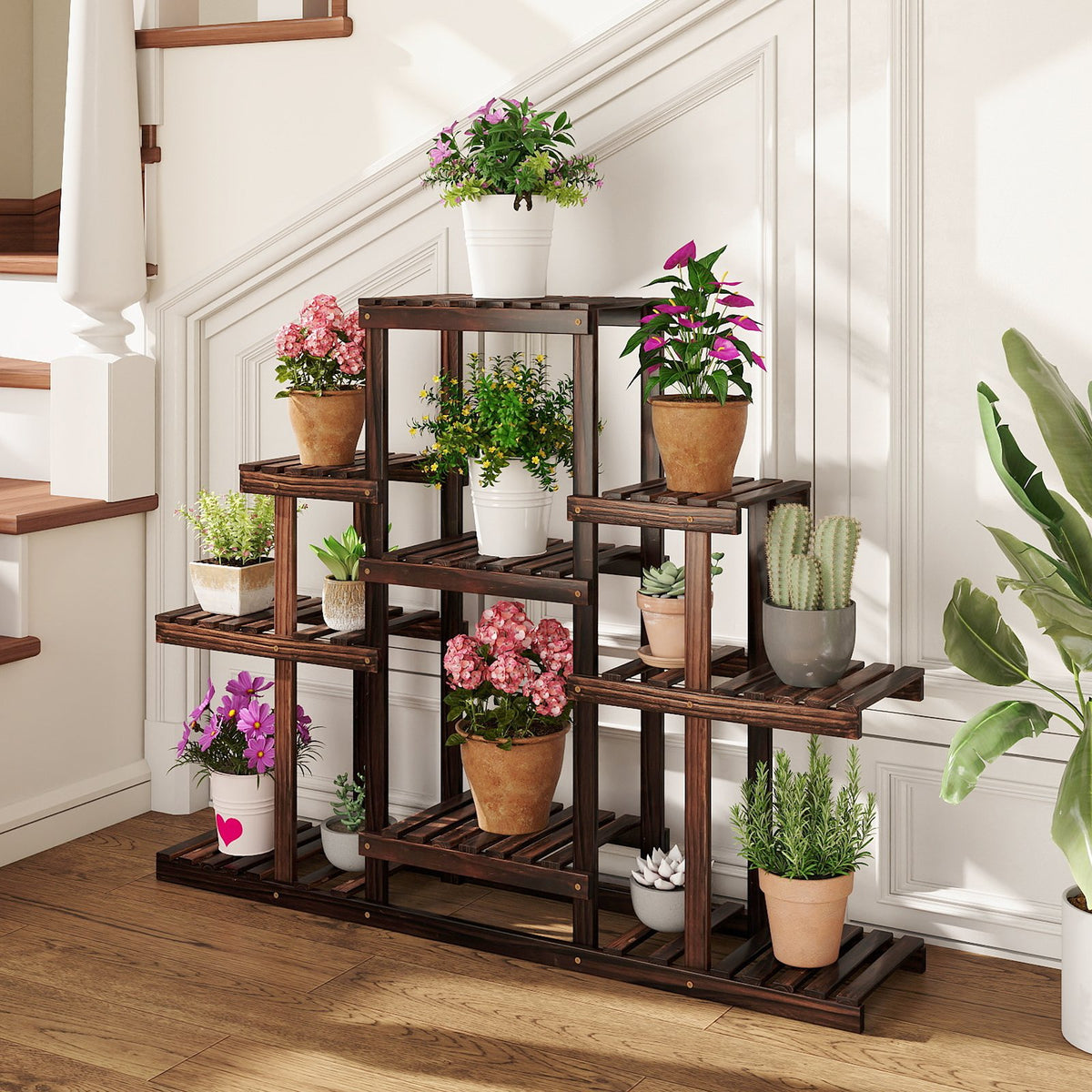 Indoor Outdoor Wood Plant Stand Multi-Tiered Corner Plant Shelf Flowerpot Holder-Brown view 6