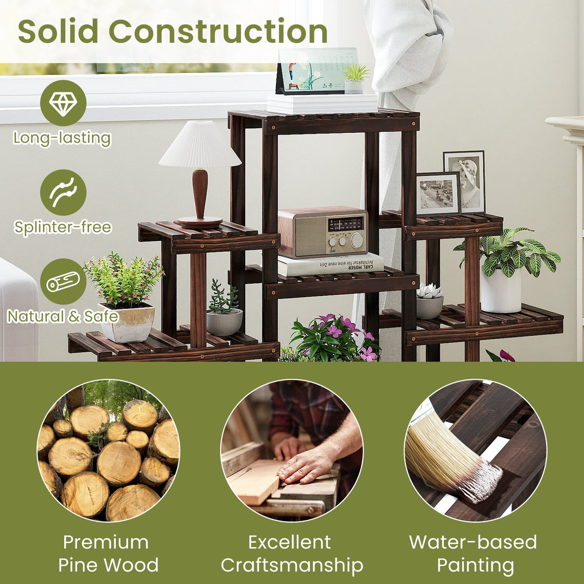 Indoor Outdoor Wood Plant Stand Multi-Tiered Corner Plant Shelf Flowerpot Holder-Brown view 9