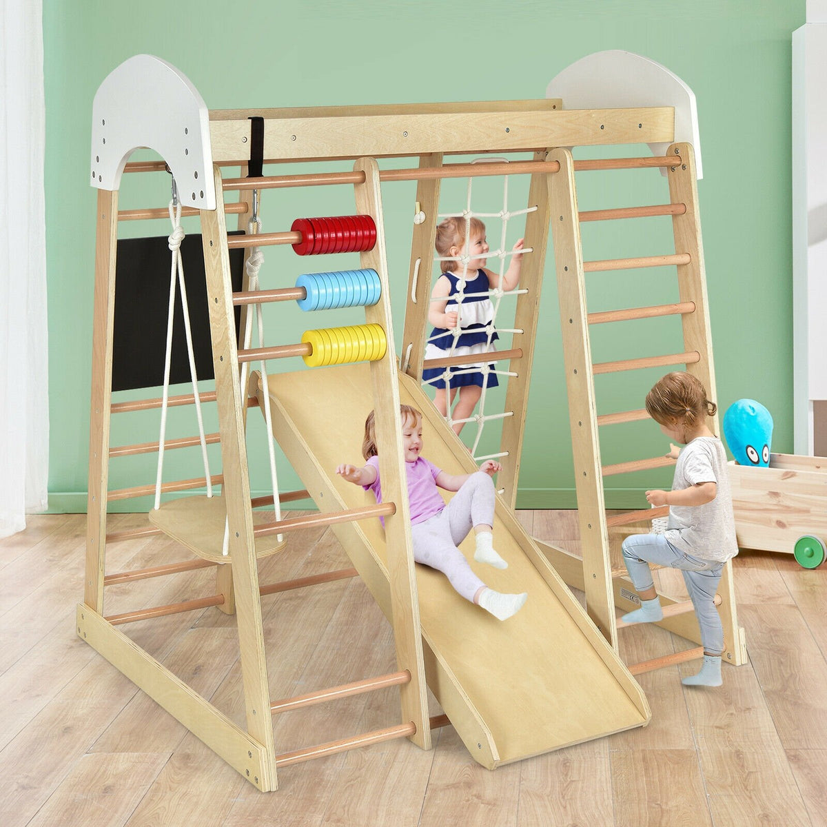 Indoor Playground Climbing Gym Wooden 8-in-1 Climber Playset for Children-Natural view 2