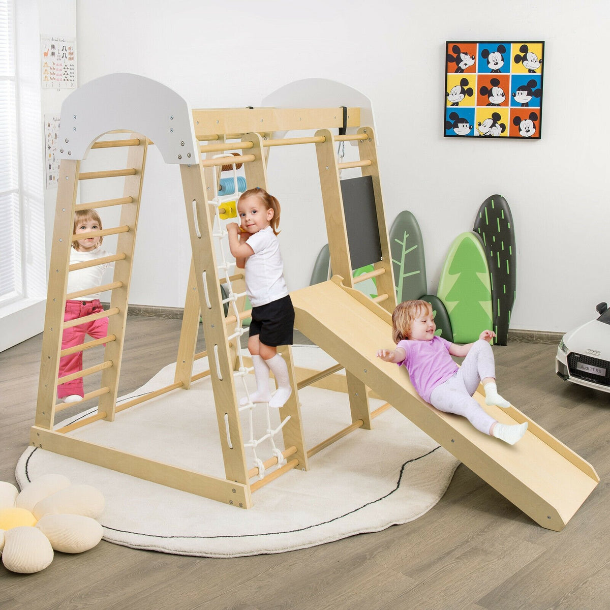Indoor Playground Climbing Gym Wooden 8-in-1 Climber Playset for Children-Natural view 3
