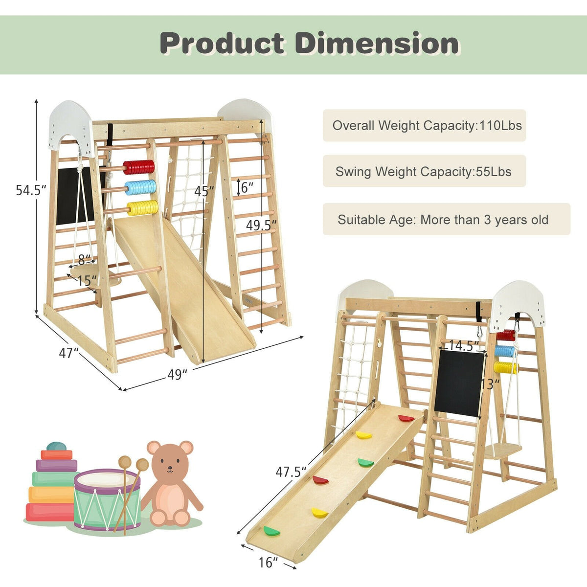 Indoor Playground Climbing Gym Wooden 8-in-1 Climber Playset for Children-Natural view 5