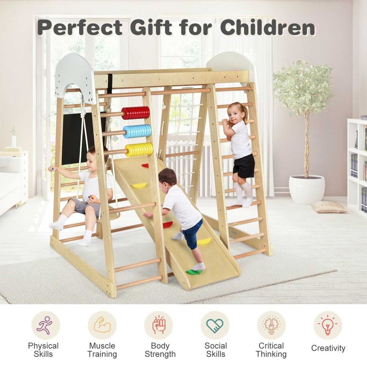 Indoor Playground Climbing Gym Wooden 8-in-1 Climber Playset for Children-Natural view 6