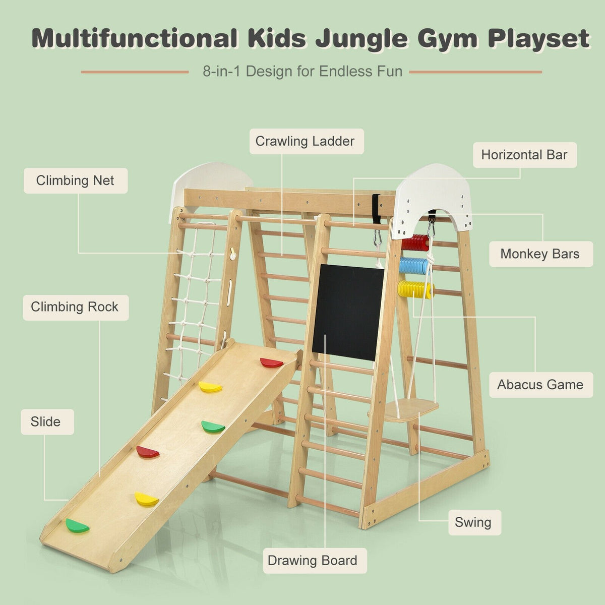 Indoor Playground Climbing Gym Wooden 8-in-1 Climber Playset for Children-Natural view 7