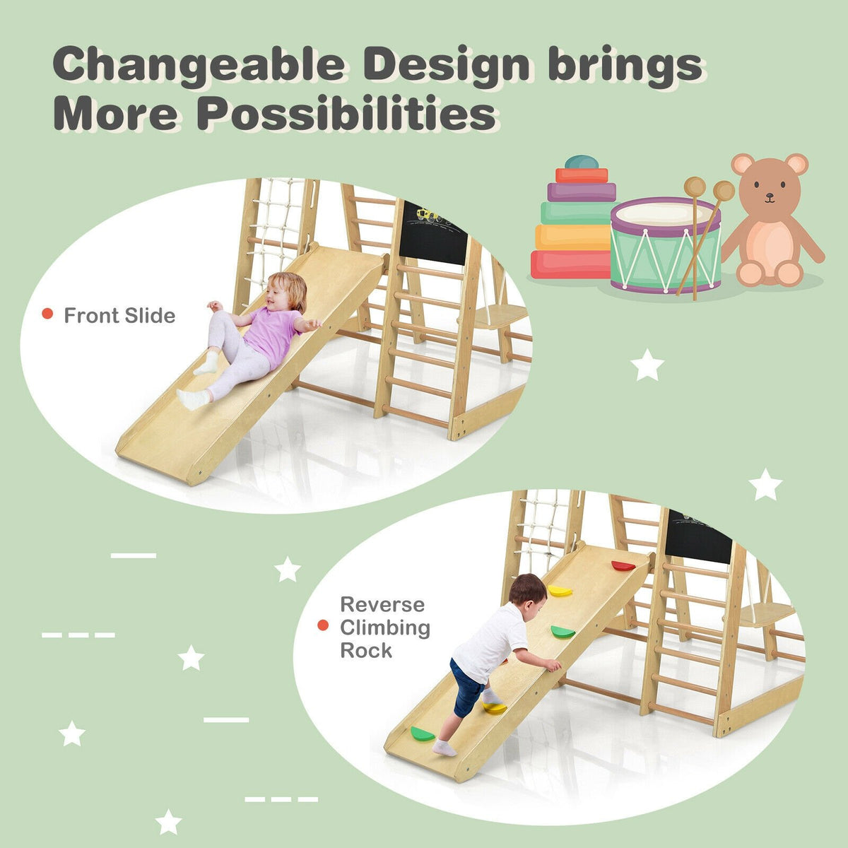 Indoor Playground Climbing Gym Wooden 8-in-1 Climber Playset for Children-Natural view 9