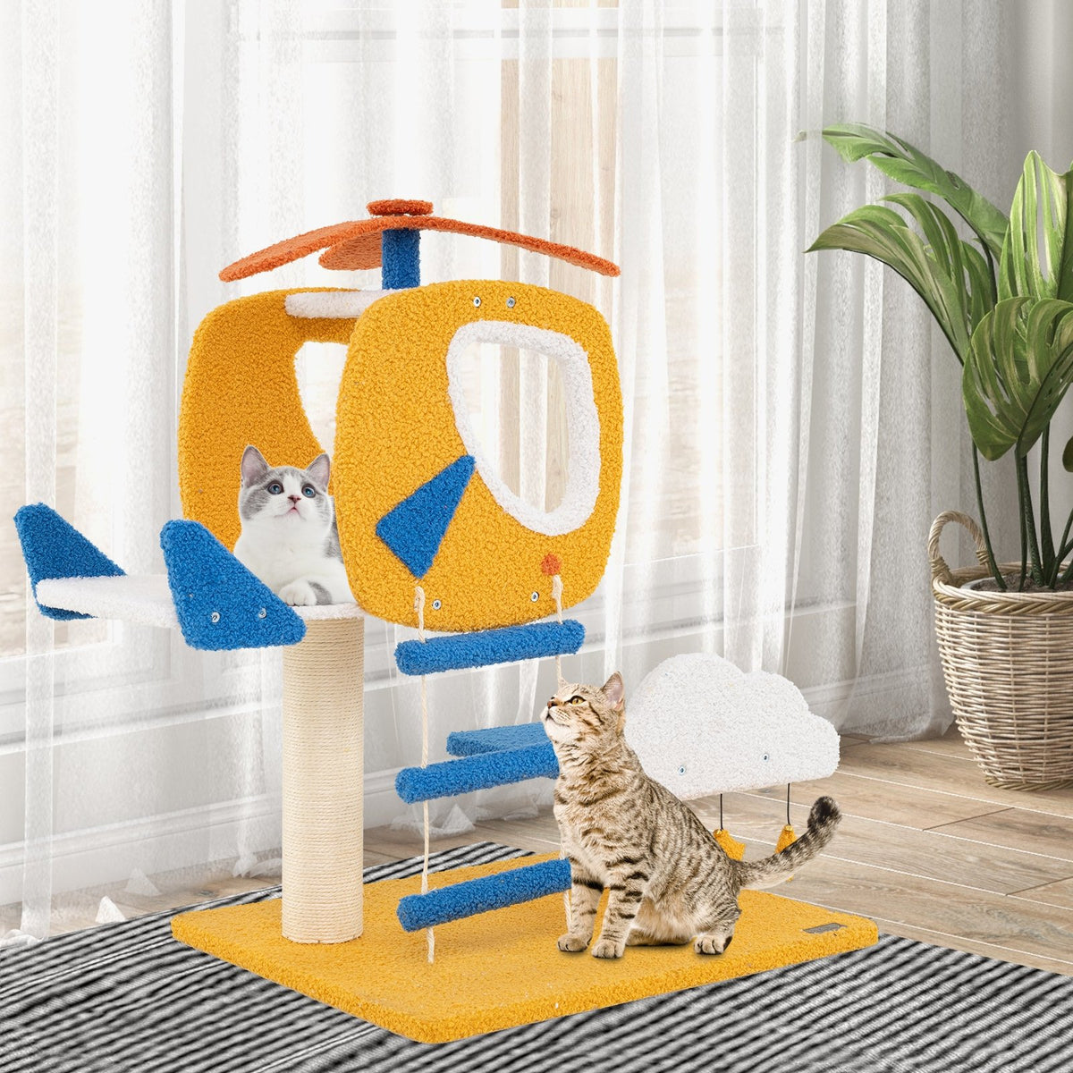 Indoor Small Aviation-themed Cat Tree Cat Tower with Helicopter Top Perch-Yellow view 2