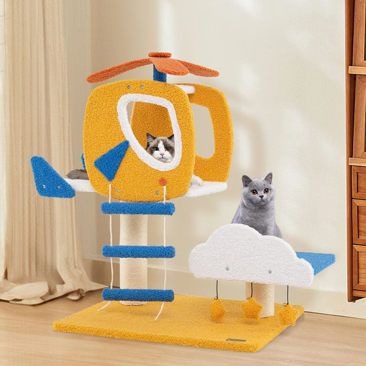 Indoor Small Aviation-themed Cat Tree Cat Tower with Helicopter Top Perch-Yellow view 3