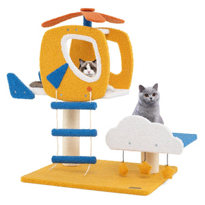 Indoor Small Aviation-themed Cat Tree Cat Tower with Helicopter Top Perch-Yellow view 4