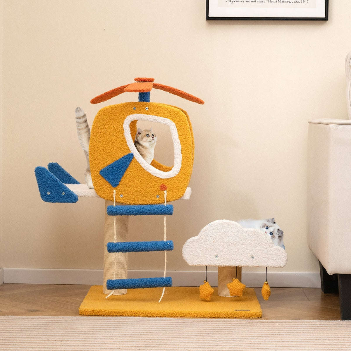 Indoor Small Aviation-themed Cat Tree Cat Tower with Helicopter Top Perch-Yellow view 6