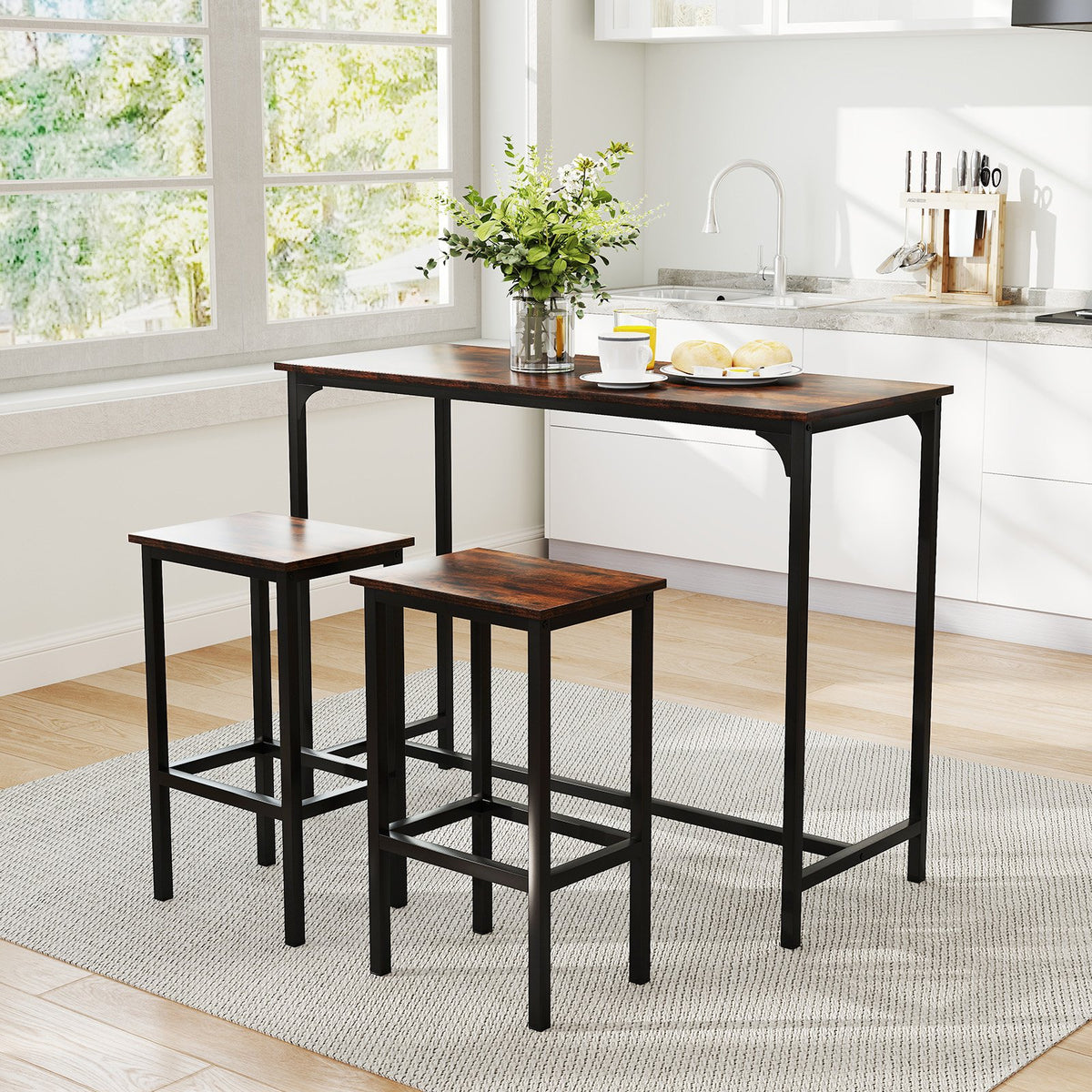 Industrial 3-Piece 47.5 inches Counter-Height Dining Table and 2 Bar Stools-Coffee view 2
