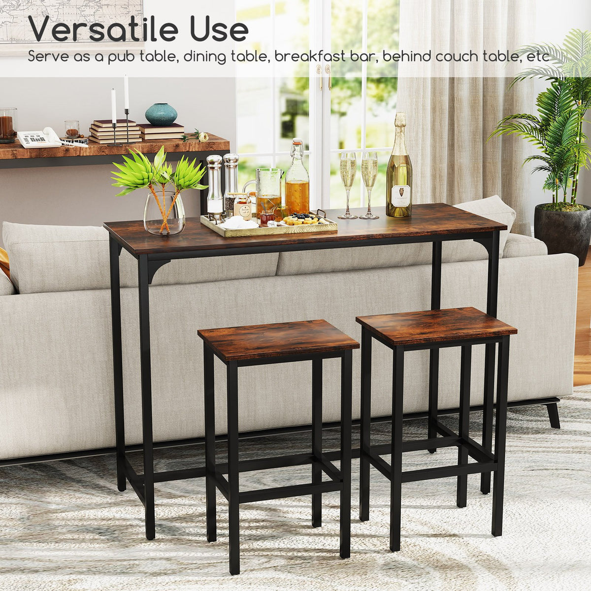 Industrial 3-Piece 47.5 inches Counter-Height Dining Table and 2 Bar Stools-Coffee view 6