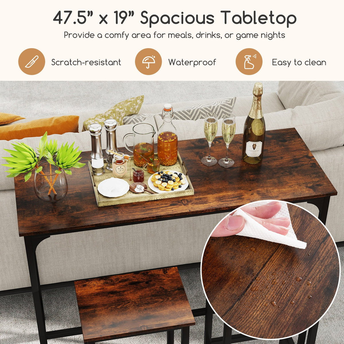 Industrial 3-Piece 47.5 inches Counter-Height Dining Table and 2 Bar Stools-Coffee view 7