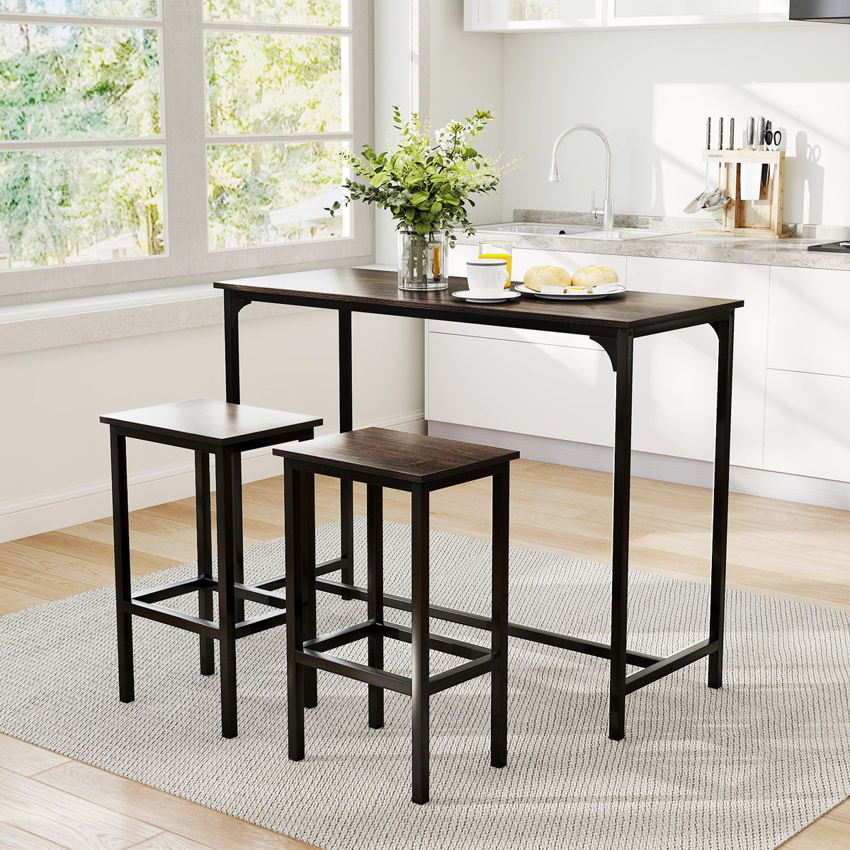 Industrial 3-Piece 47.5 inches Counter-Height Dining Table and 2 Bar Stools-Gray view 2
