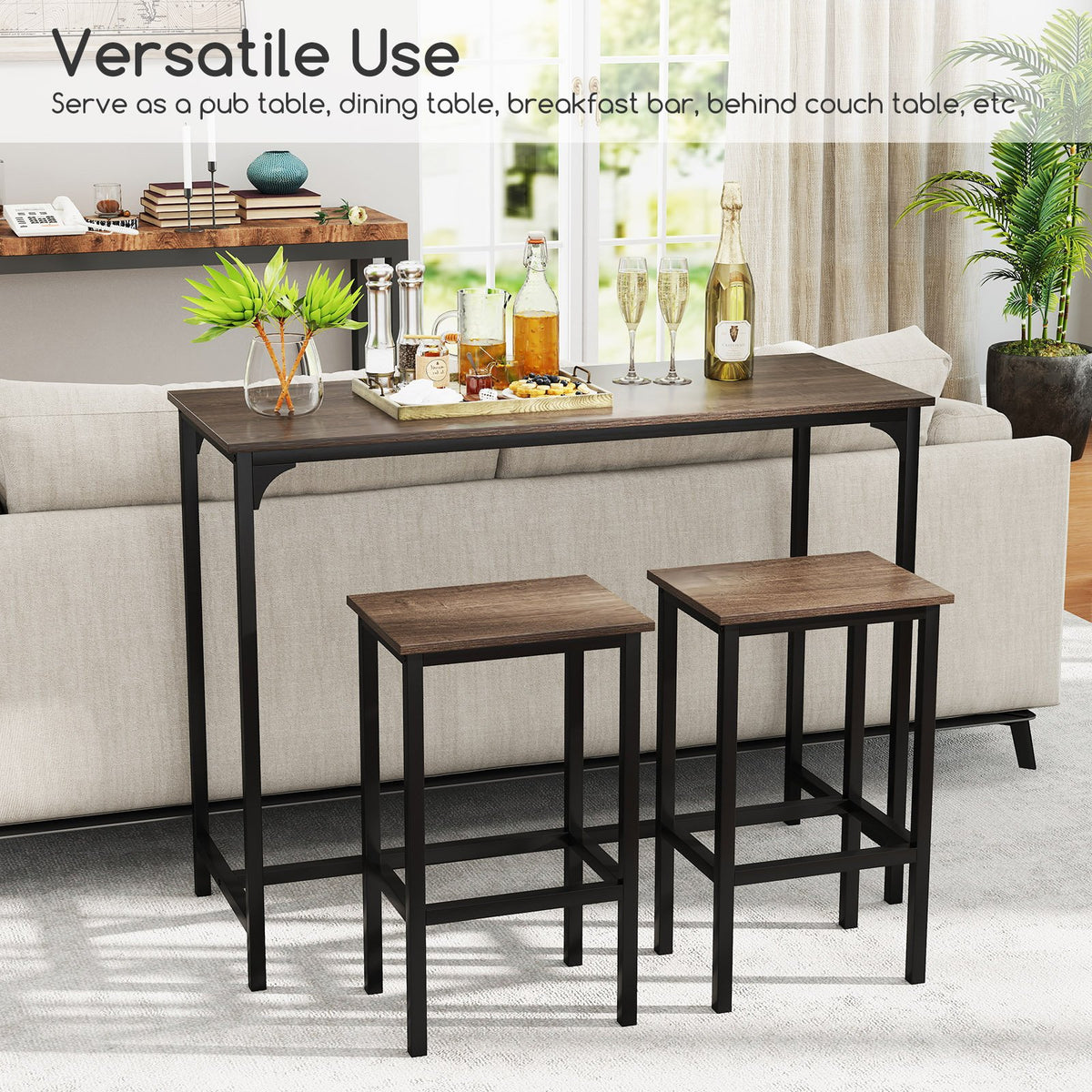 Industrial 3-Piece 47.5 inches Counter-Height Dining Table and 2 Bar Stools-Gray view 6