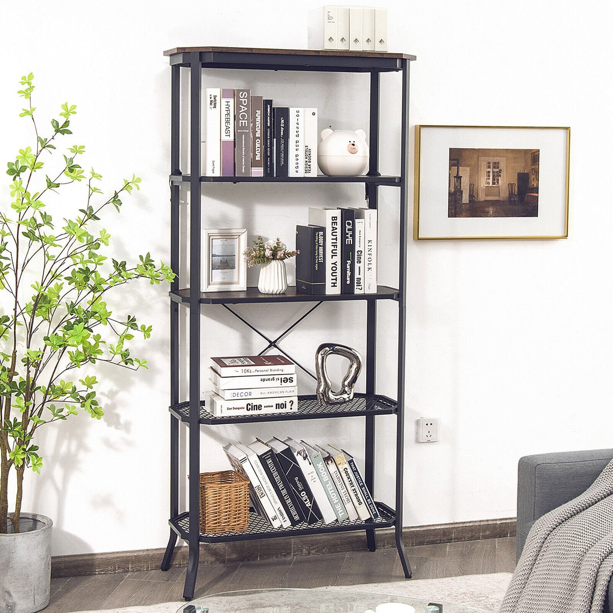 Industrial 5-Layer Bookshelf with Out-Stretched Legs-Rustic Brown view 2