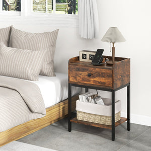 Industrial Bedside Table Nightstand with Charging Station-Rustic Brown view 2