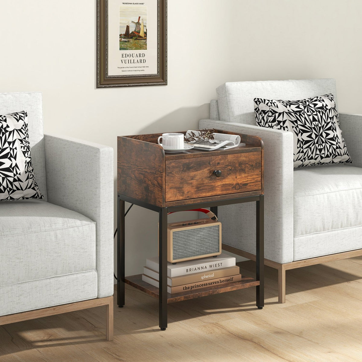 Industrial Bedside Table Nightstand with Charging Station-Rustic Brown view 3