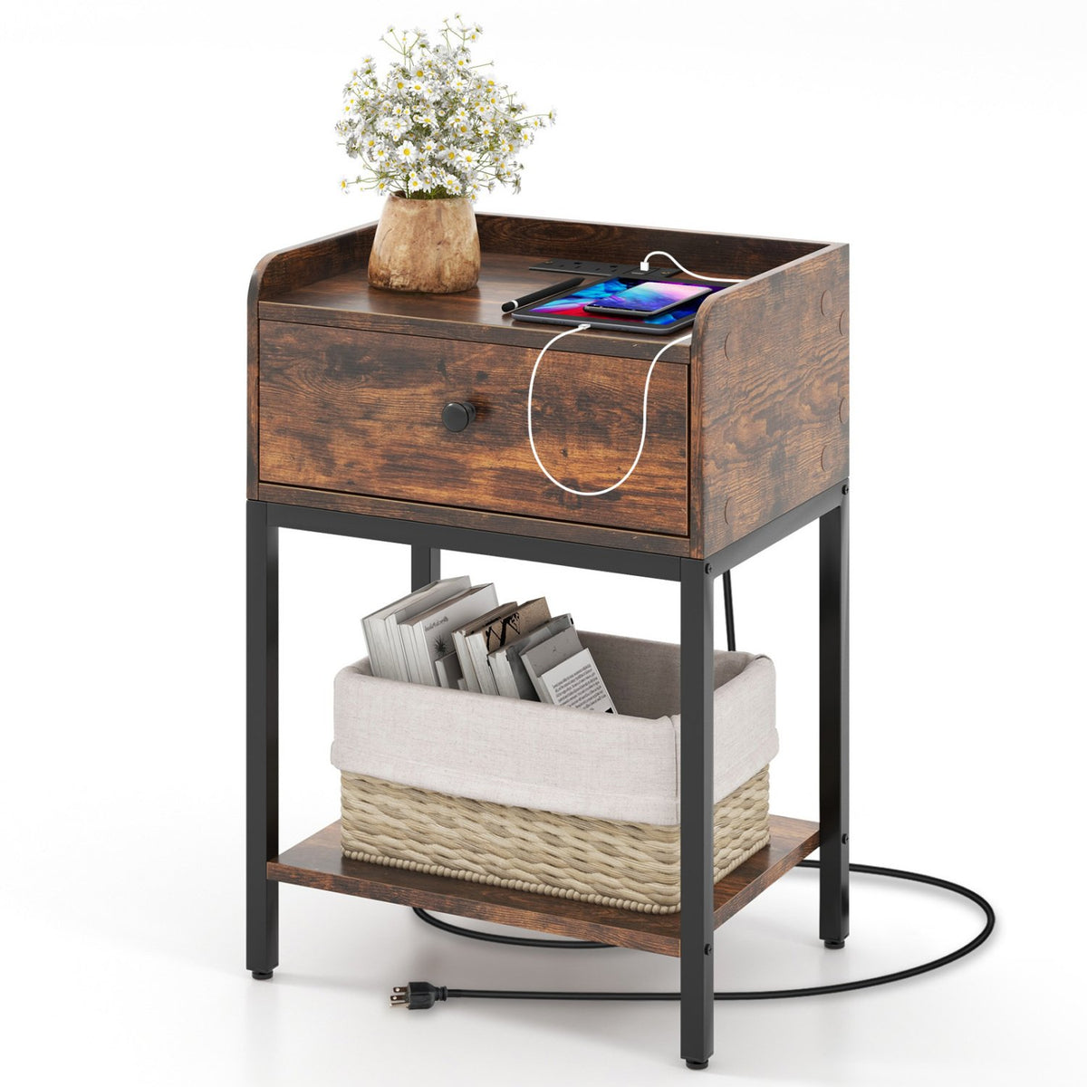 Industrial Bedside Table Nightstand with Charging Station-Rustic Brown view 4