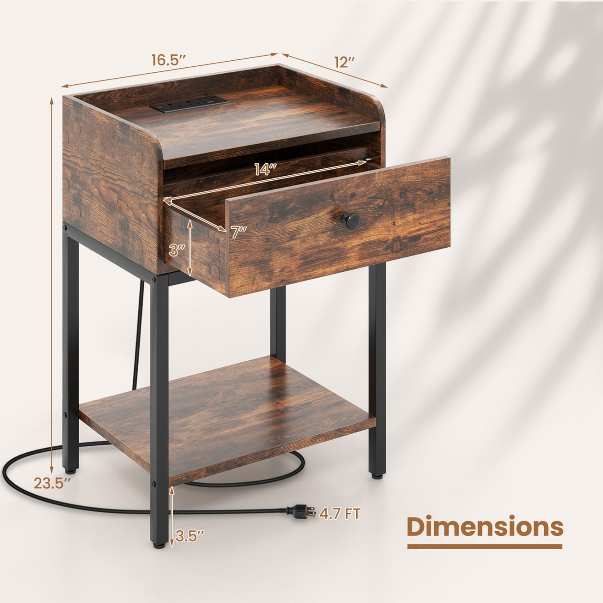 Industrial Bedside Table Nightstand with Charging Station-Rustic Brown view 5
