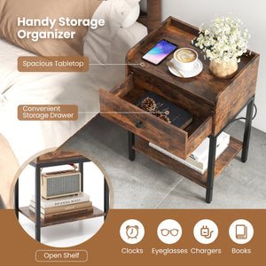 Industrial Bedside Table Nightstand with Charging Station-Rustic Brown view 7