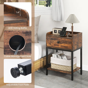 Industrial Bedside Table Nightstand with Charging Station-Rustic Brown view 9