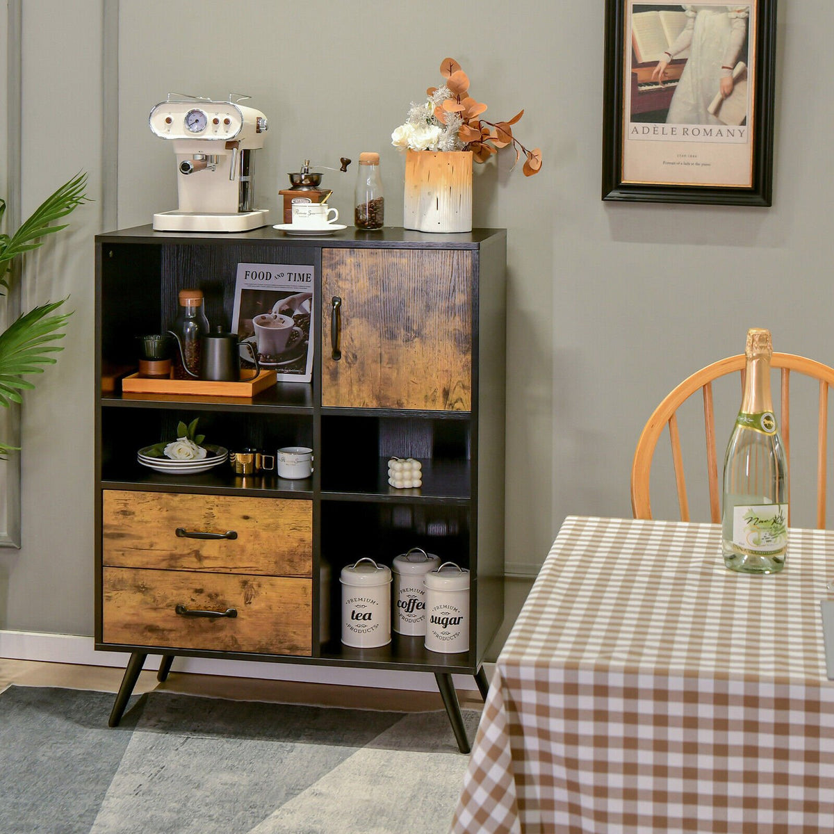 Industrial Buffet Sideboard Kitchen Cupboard with Cubbies Drawers-Rustic Brown view 2