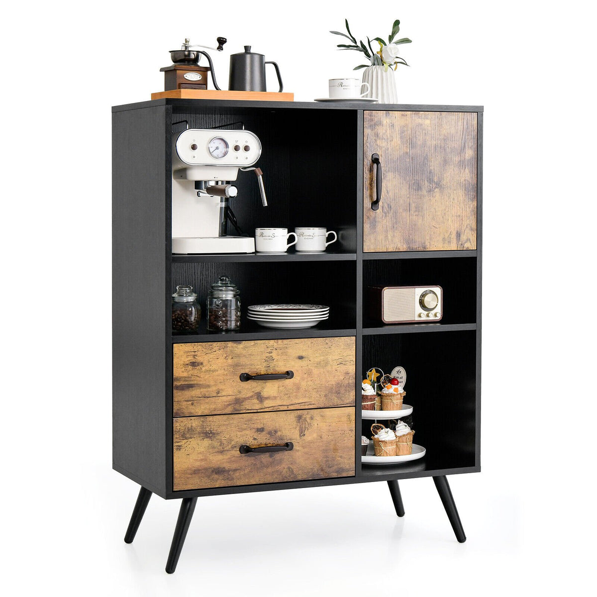 Industrial Buffet Sideboard Kitchen Cupboard with Cubbies Drawers-Rustic Brown view 4
