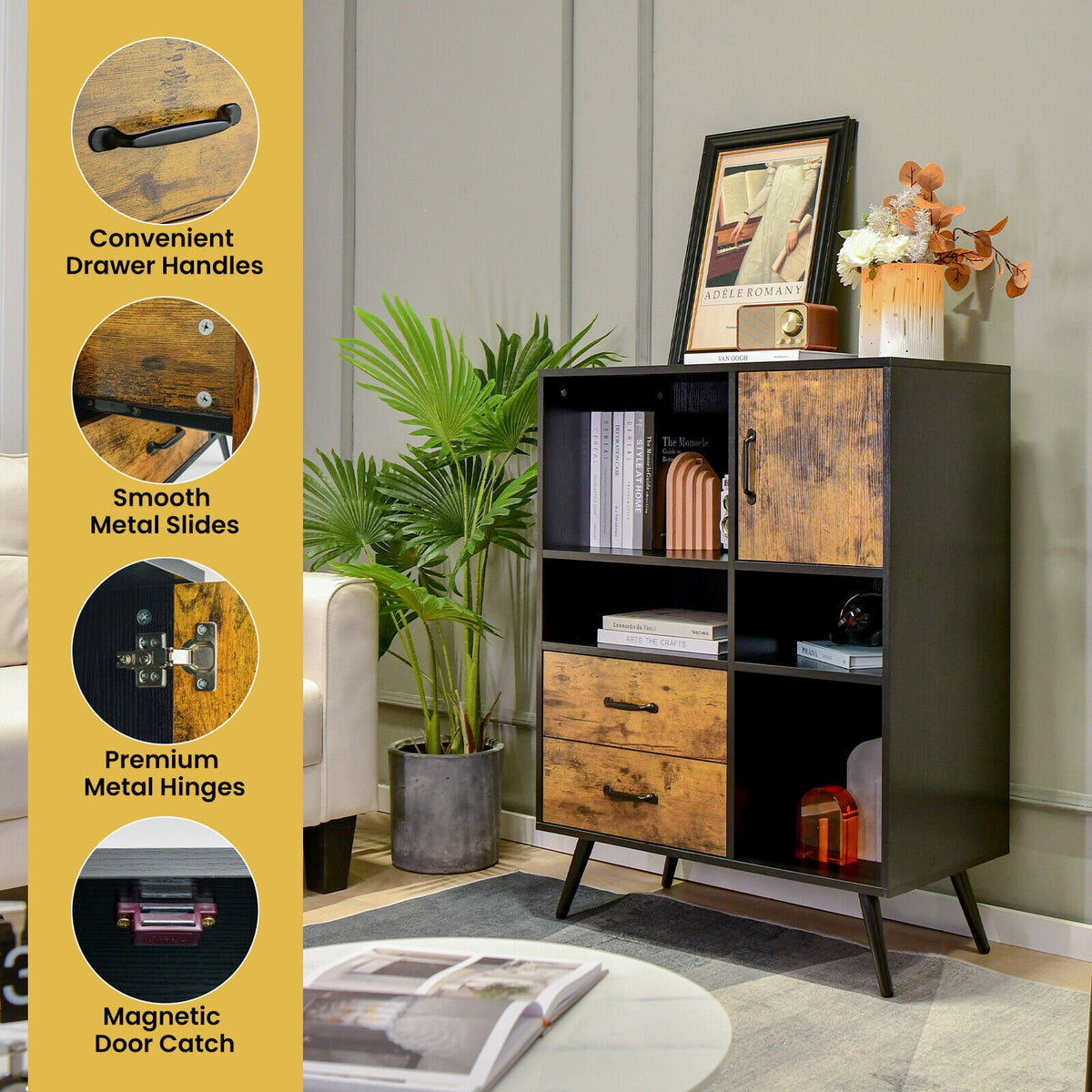 Industrial Buffet Sideboard Kitchen Cupboard with Cubbies Drawers-Rustic Brown view 6