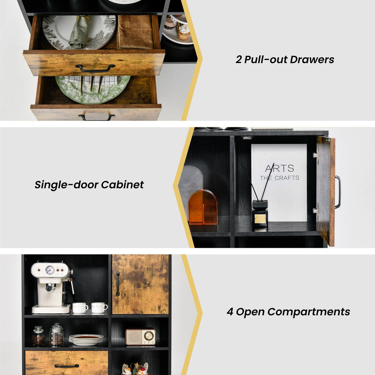 Industrial Buffet Sideboard Kitchen Cupboard with Cubbies Drawers-Rustic Brown view 9