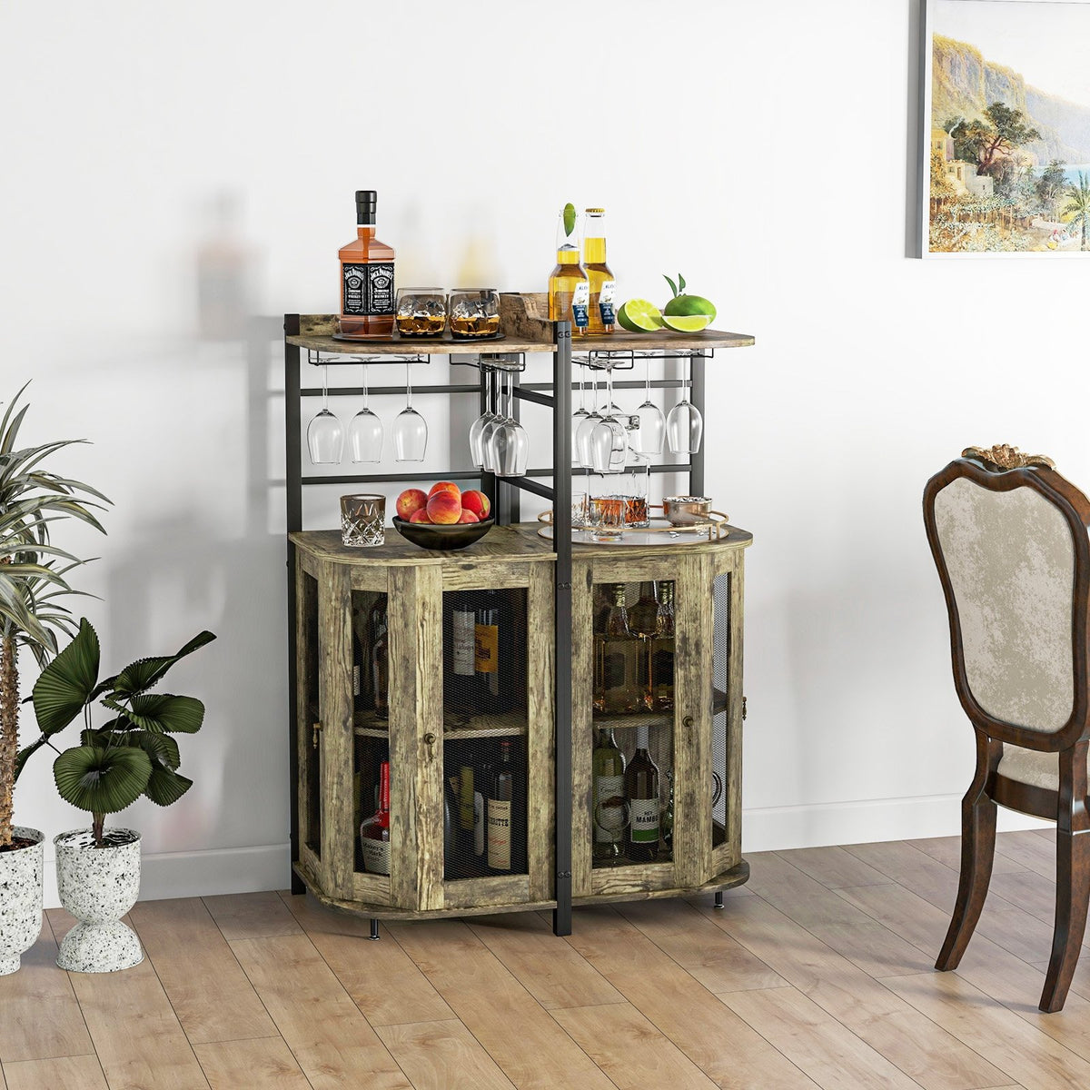 Industrial Corner Bar Cabinet with Glass Holder and Adjustable Shelf-Taupe view 2