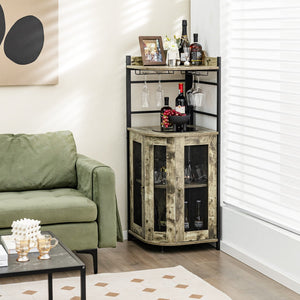 Industrial Corner Bar Cabinet with Glass Holder and Adjustable Shelf-Taupe view 3