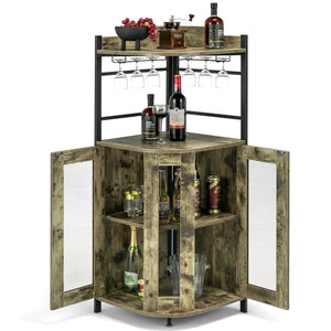 Industrial Corner Bar Cabinet with Glass Holder and Adjustable Shelf-Taupe view 4