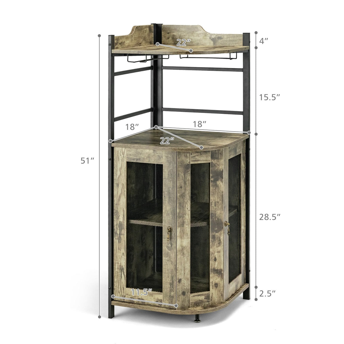 Industrial Corner Bar Cabinet with Glass Holder and Adjustable Shelf-Taupe view 5