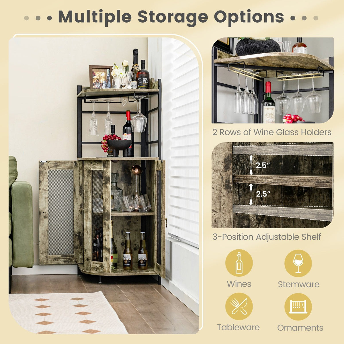 Industrial Corner Bar Cabinet with Glass Holder and Adjustable Shelf-Taupe view 6