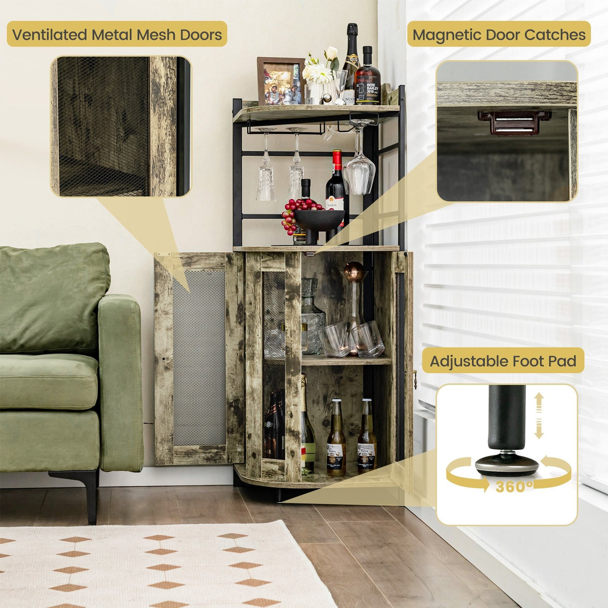 Industrial Corner Bar Cabinet with Glass Holder and Adjustable Shelf-Taupe view 8