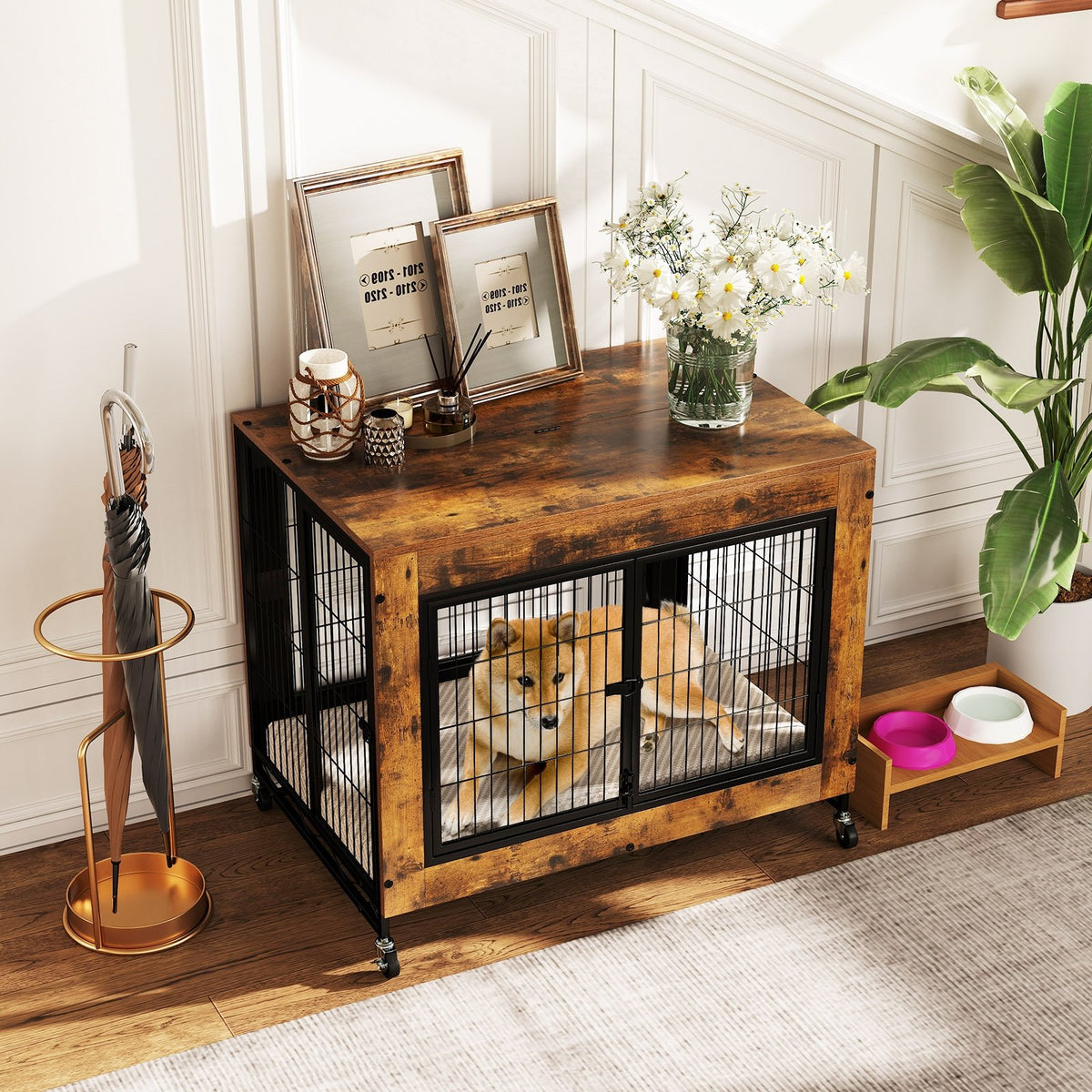 Industrial Dog Kennel with Flip-up Top 3 Lockable Doors and Removable Tray-Rustic Brown view 2