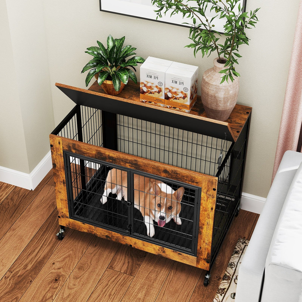 Industrial Dog Kennel with Flip-up Top 3 Lockable Doors and Removable Tray-Rustic Brown view 3
