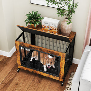 Industrial Dog Kennel with Flip-up Top 3 Lockable Doors and Removable Tray-Rustic Brown view 3