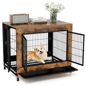 Industrial Dog Kennel with Flip-up Top 3 Lockable Doors and Removable Tray-Rustic Brown view 4