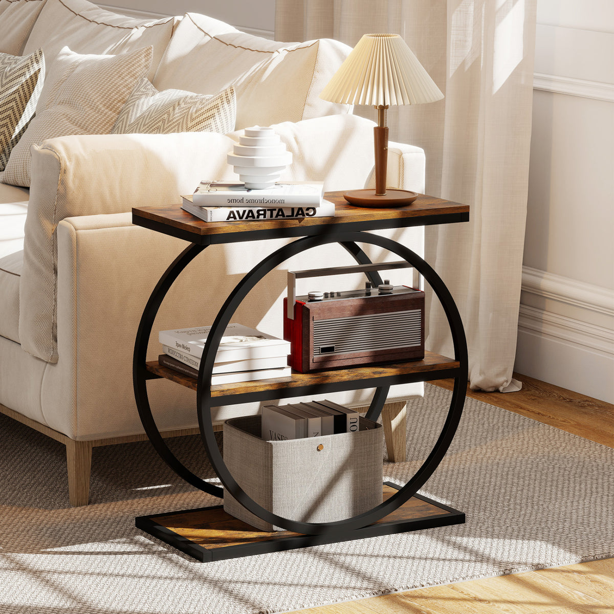 Industrial Faux Marble Side Table with Metal Frame for Living Room Bedroom-Rustic Brown view 2