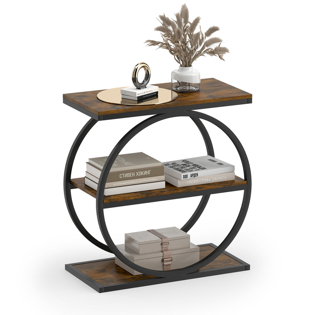 Industrial Faux Marble Side Table with Metal Frame for Living Room Bedroom-Rustic Brown view 4