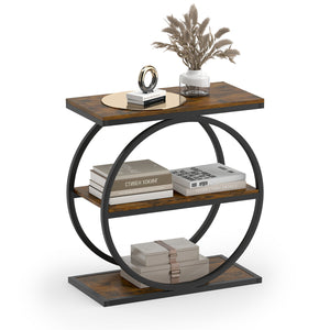 Industrial Faux Marble Side Table with Metal Frame for Living Room Bedroom-Rustic Brown view 4
