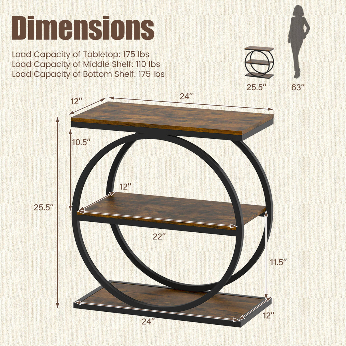 Industrial Faux Marble Side Table with Metal Frame for Living Room Bedroom-Rustic Brown view 5