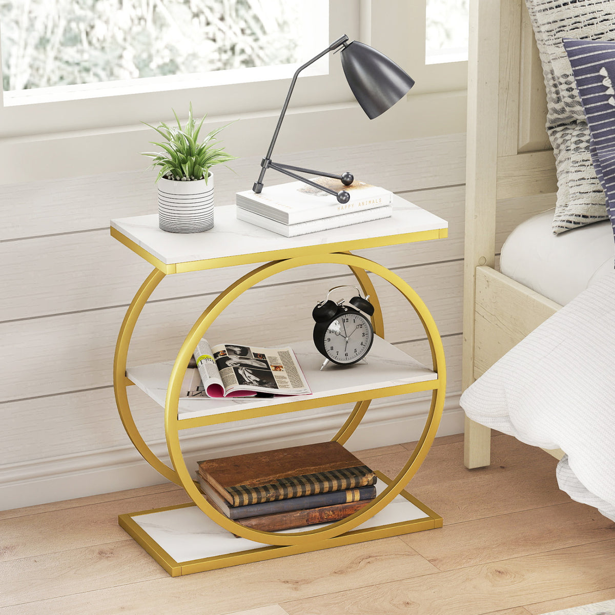 Industrial Faux Marble Side Table with Metal Frame for Living Room Bedroom-White view 3