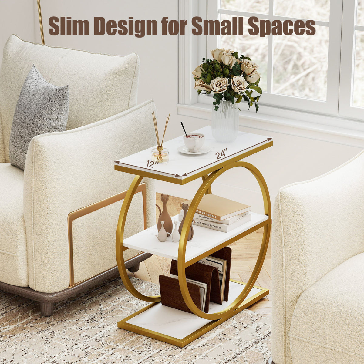 Industrial Faux Marble Side Table with Metal Frame for Living Room Bedroom-White view 9
