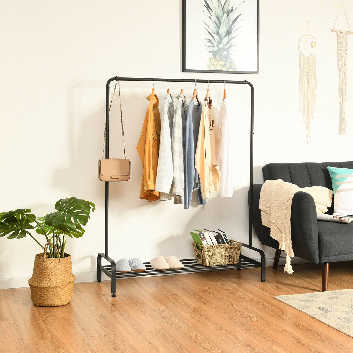Heavy Duty Clothes Stand Rack with Top Rod and Lower Storage Shelf view 2