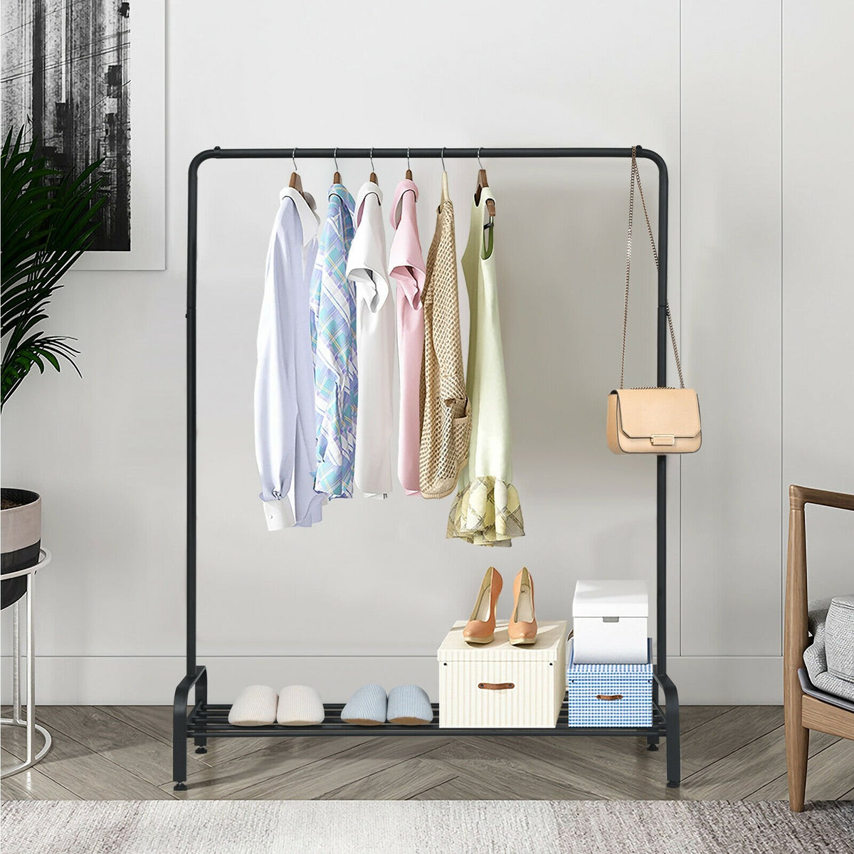 Heavy Duty Clothes Stand Rack with Top Rod and Lower Storage Shelf view 3