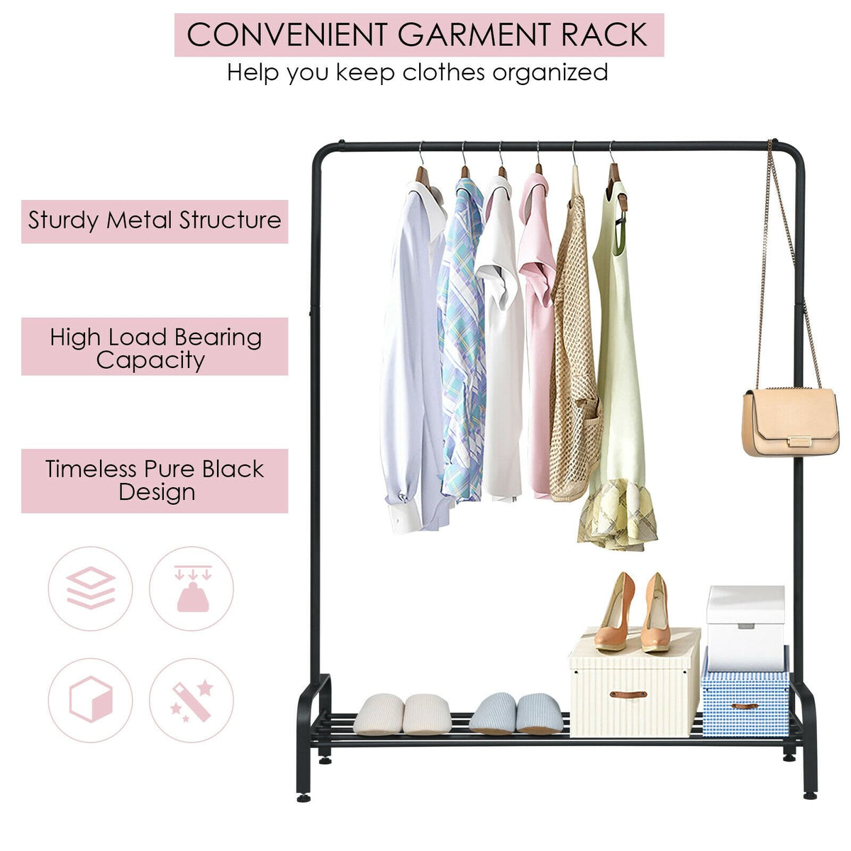 Heavy Duty Clothes Stand Rack with Top Rod and Lower Storage Shelf view 8
