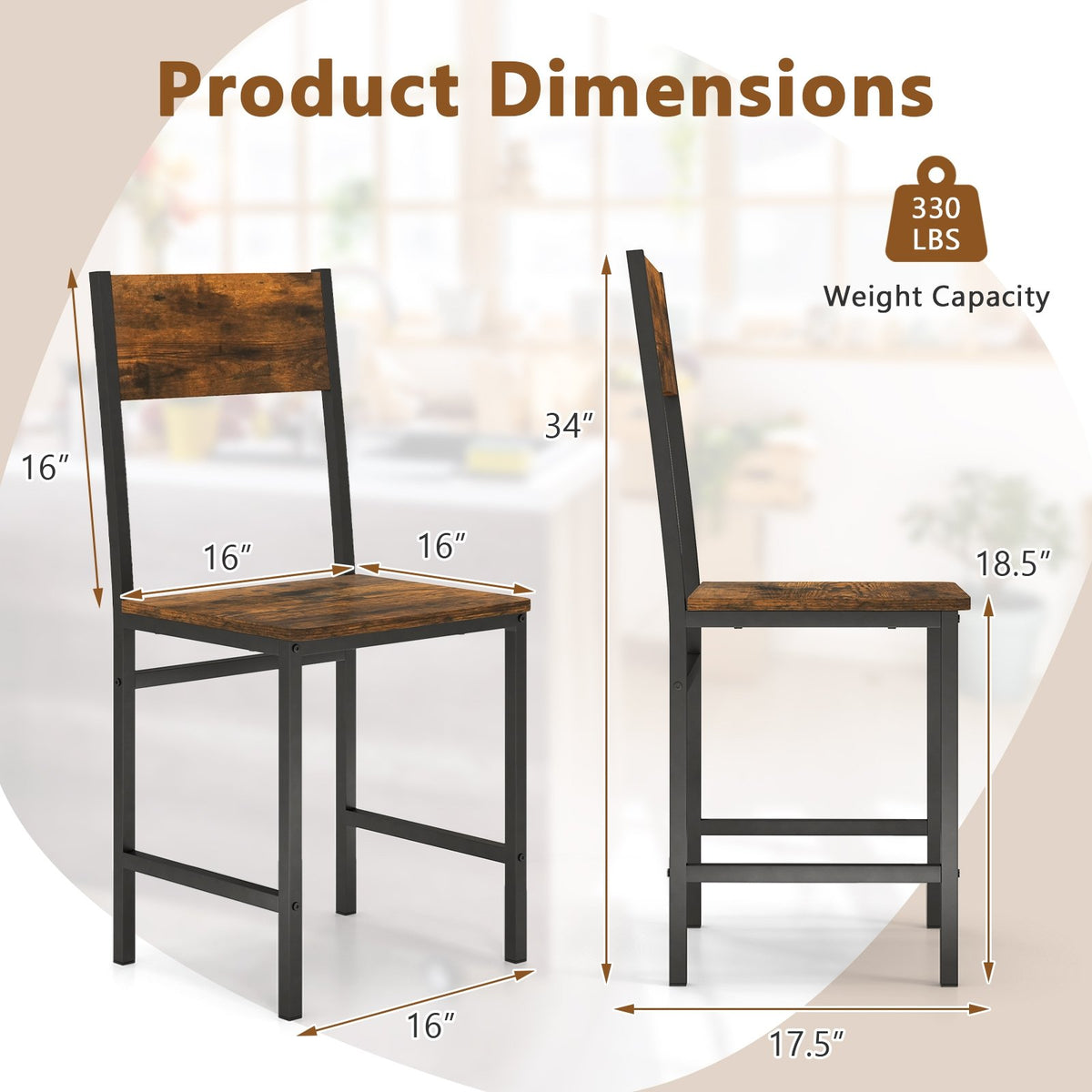 Industrial Kitchen Side Chairs Set of 2 with Metal Legs and Slanted Back-Rustic Brown view 4