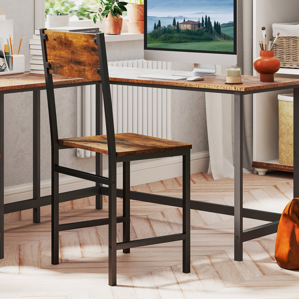 Industrial Kitchen Side Chairs Set of 2 with Metal Legs and Slanted Back-Rustic Brown view 5