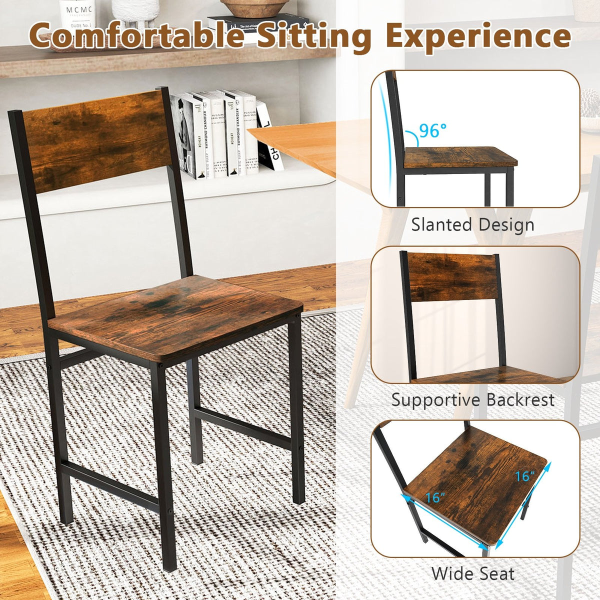Industrial Kitchen Side Chairs Set of 2 with Metal Legs and Slanted Back-Rustic Brown view 6